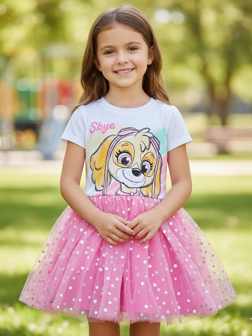 Girls Printed Knit Pink Mesh Dress