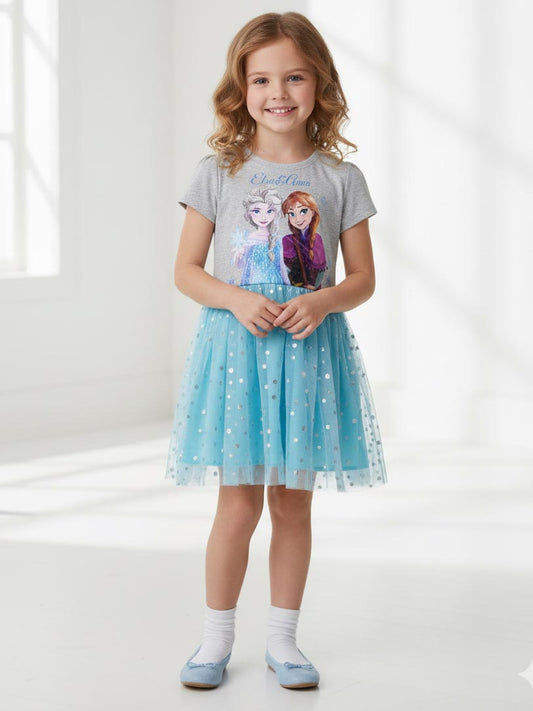 Girls Printed Knit Blue Mesh Dress