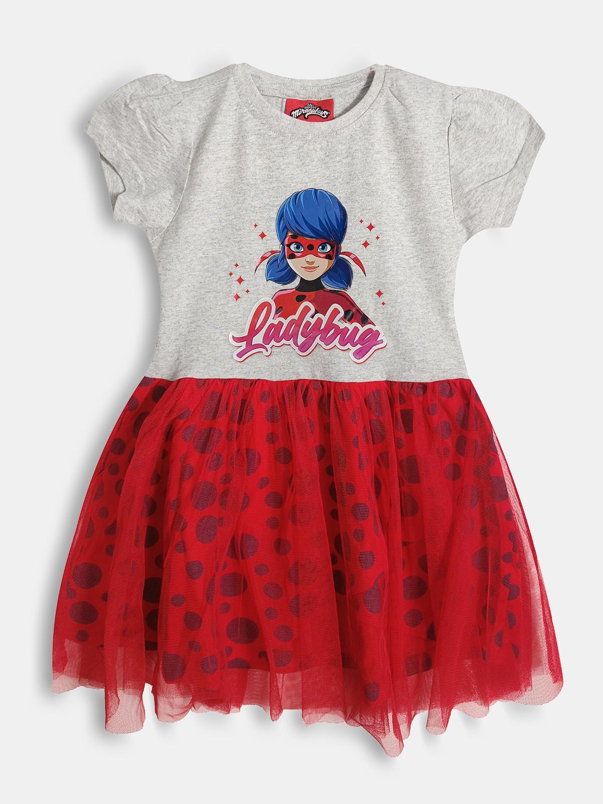 Girls Printed Knit Red Mesh Dress