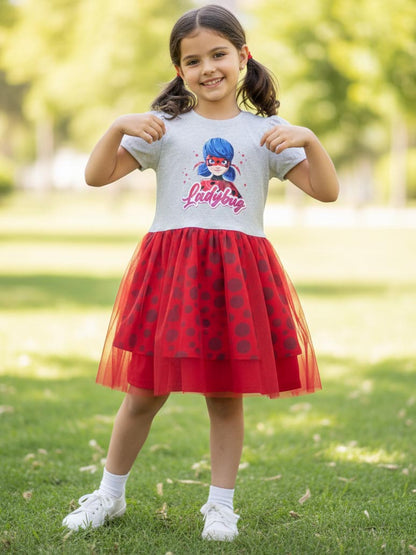 Girls Printed Knit Red Mesh Dress