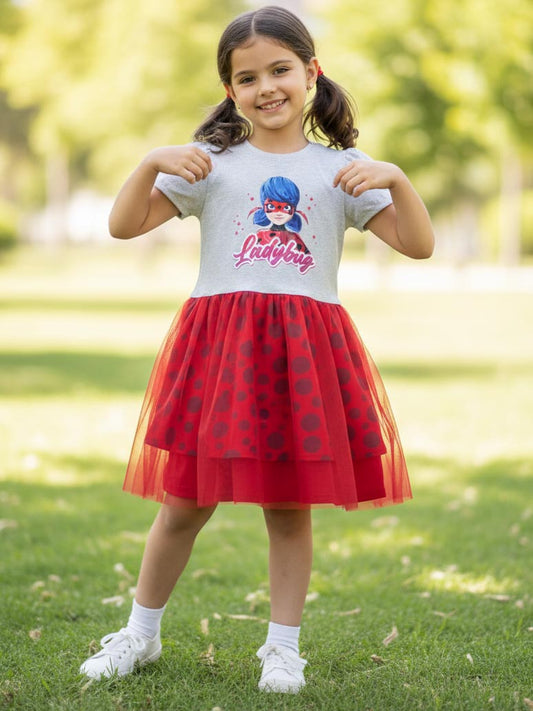 Girls Printed Knit Red Mesh Dress