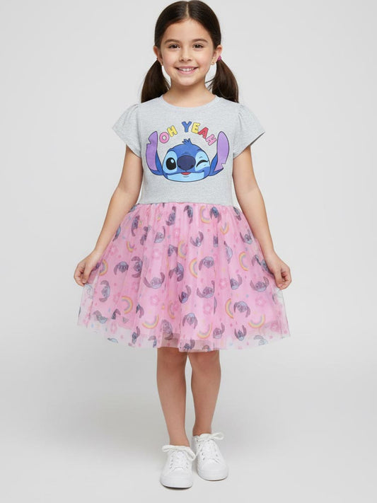 Girls Printed Pink AOP Mesh Dress