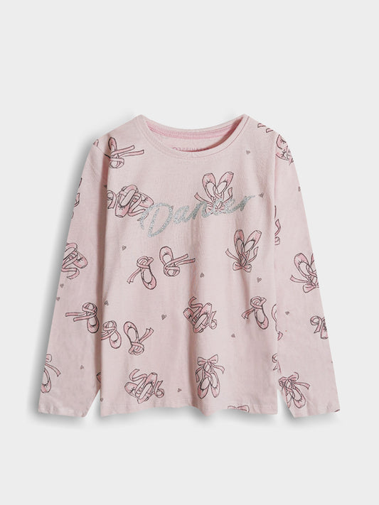 Girls Glitter Printed Pink T-Shirt