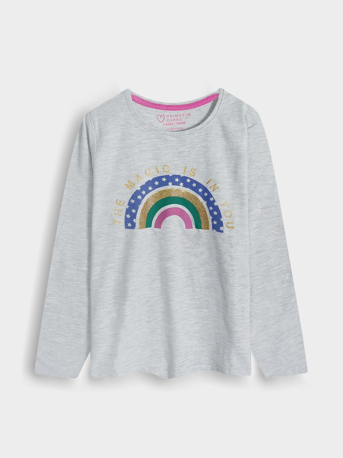 Girls Glitter Printed Grey T-Shirt
