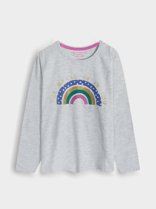 Girls Glitter Printed Grey T-Shirt