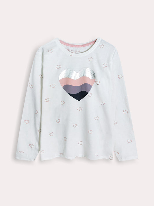 Girls Printed Off White T-Shirt