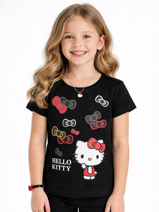 Girls Printed Black T-Shirt