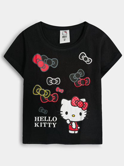 Girls Printed Black T-Shirt