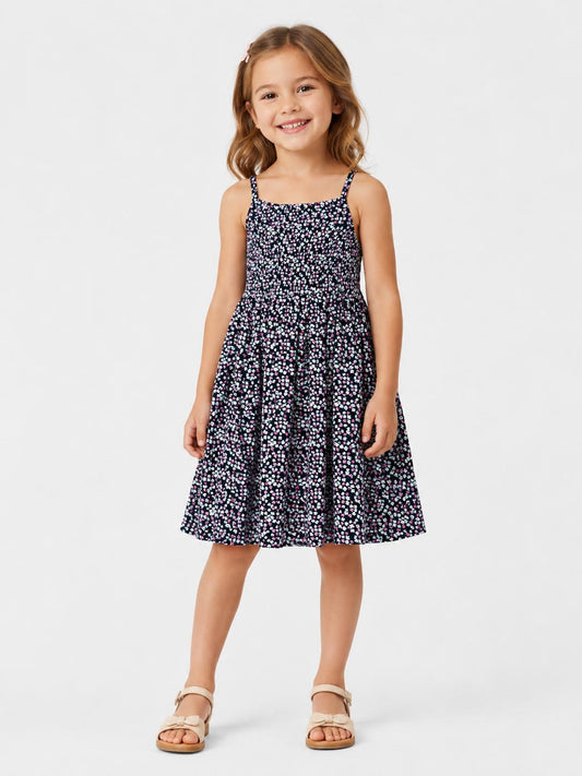 Girls Smocked Strappy Dress Navy