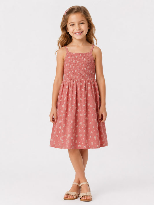Girls Smocked Strappy Dress Brown
