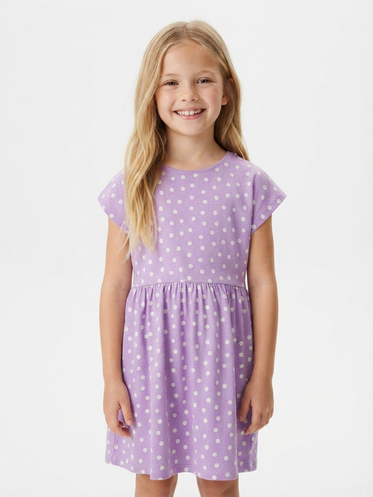 Girls Polka Dot Printed Lilac Dress