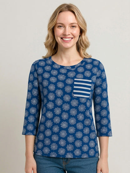 Ladies 3/4th Sleeve Navy AOP Top