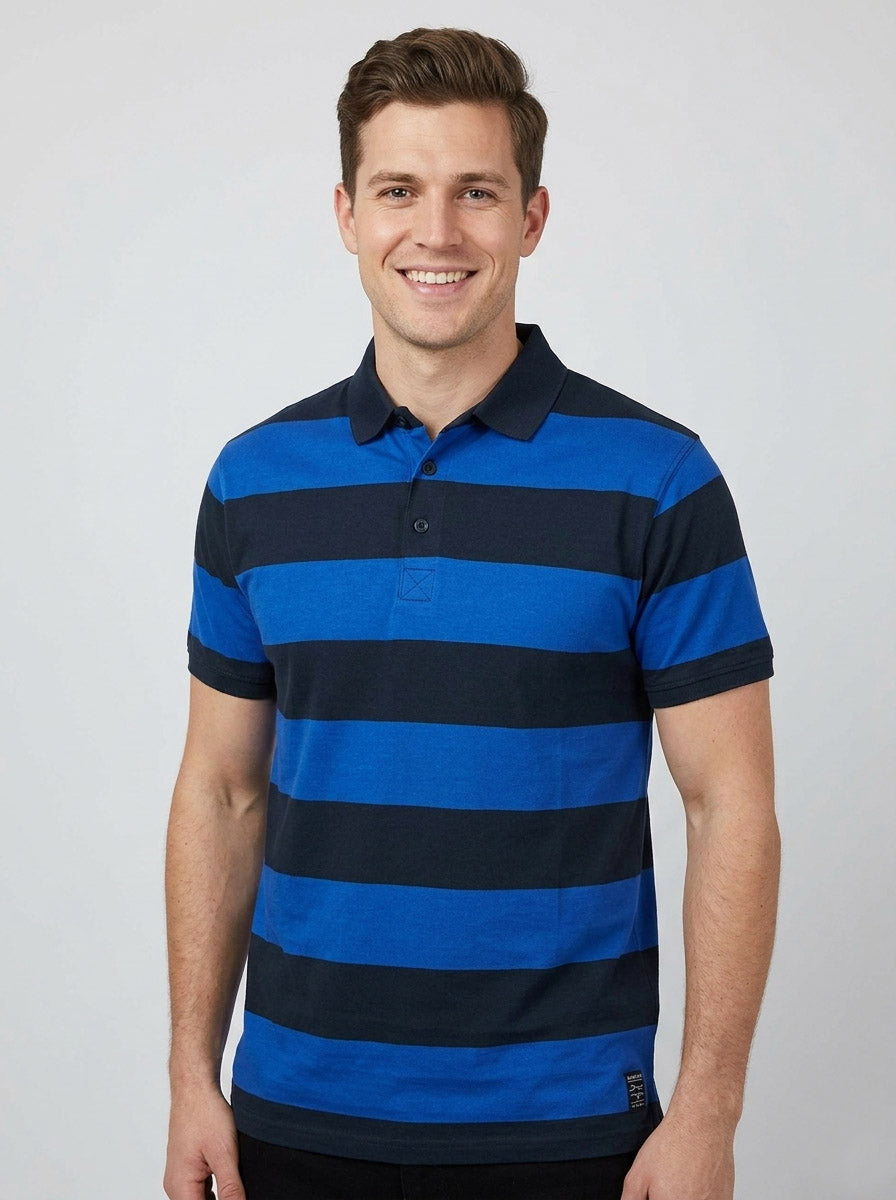 Mens Navy Rugby Striped Polo