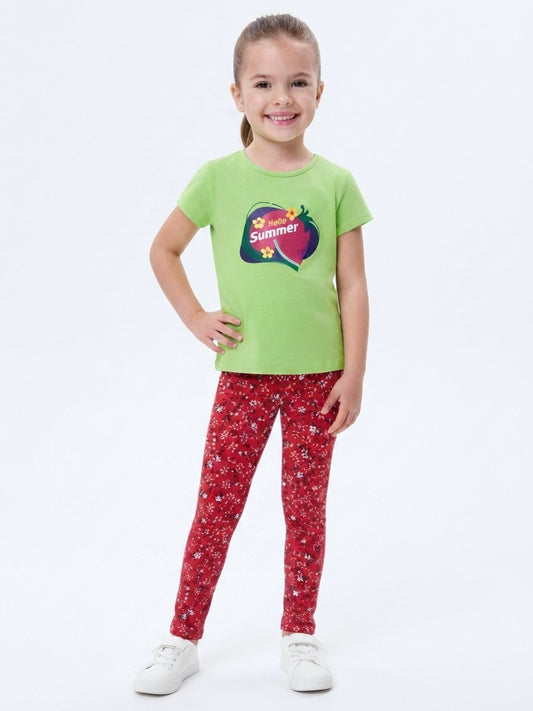 Girls Printed Green-Red Pyjama Set