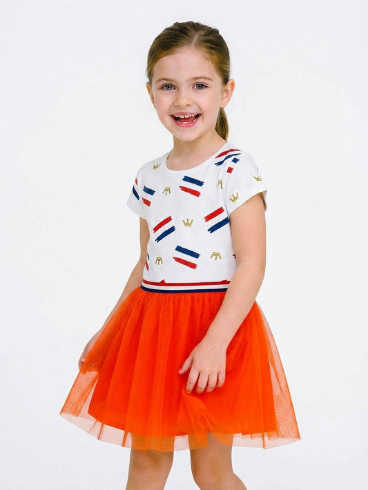 Girls White / Crown Aop Dress