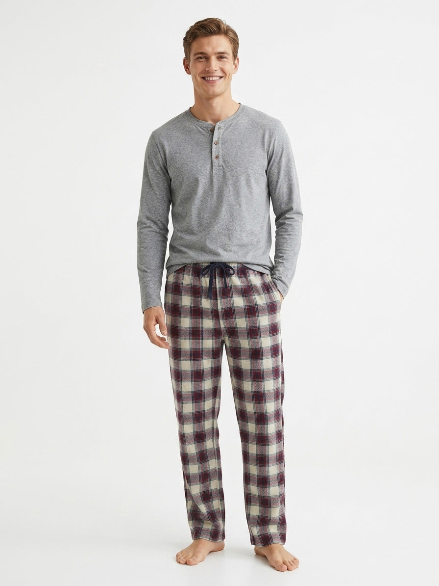 Mens Winter Pyjama Set Grey-Red