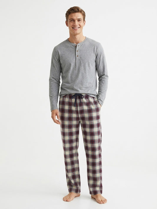Mens Winter Pyjama Set Grey-Red