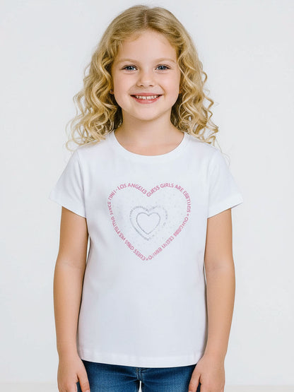 Girls White Heart Print T Shirt