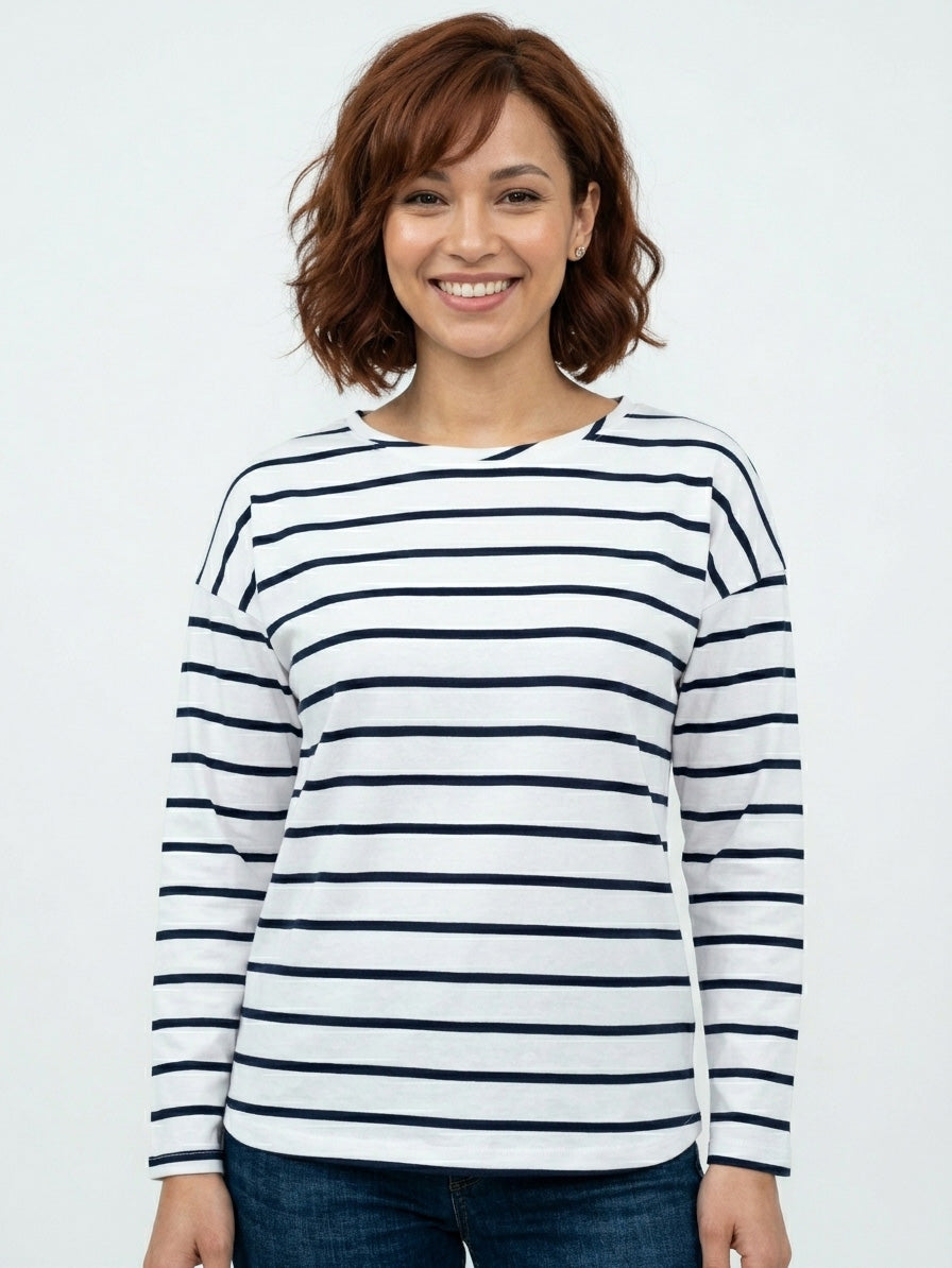 Ladies Striped Long Sleeve White Top