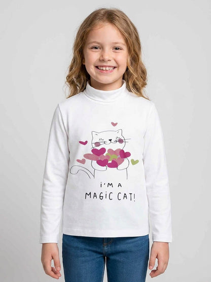 Girls Turtle Neck Printed White Top