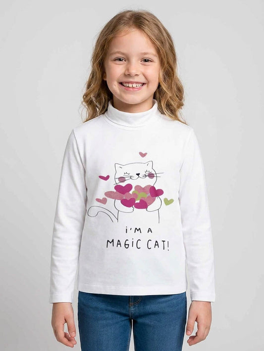 Girls Turtle Neck Printed White Top