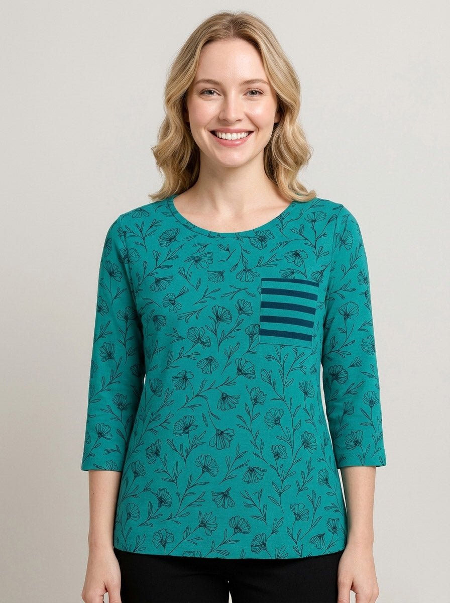 Ladies 3/4th Sleeve Green AOP Top