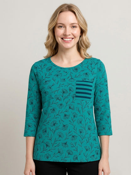 Ladies 3/4th Sleeve Green AOP Top