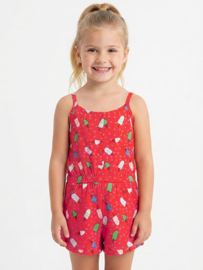 Girls Printed Red Dungaree