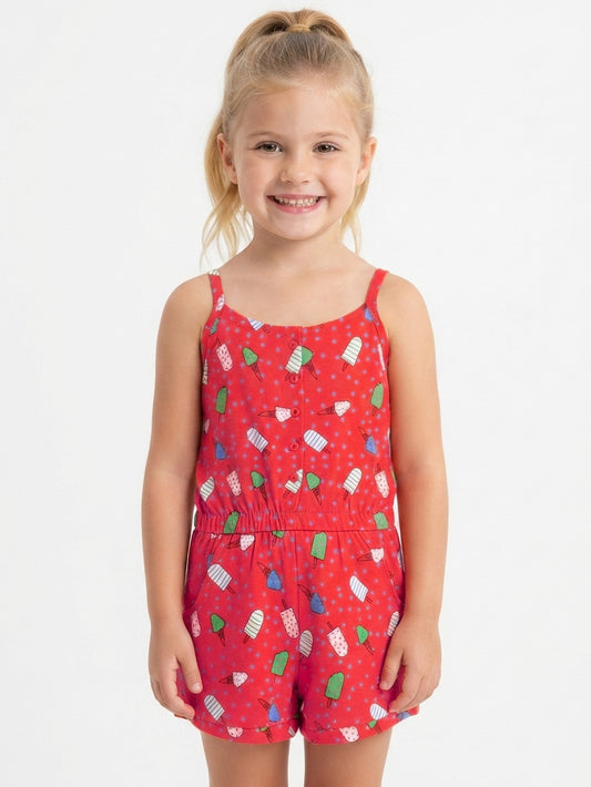 Girls Printed Red Dungaree