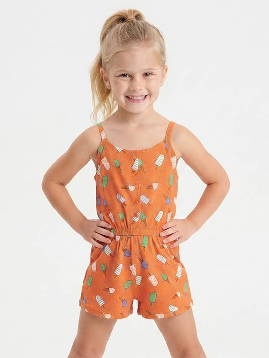 Girls Printed Orange Dungaree