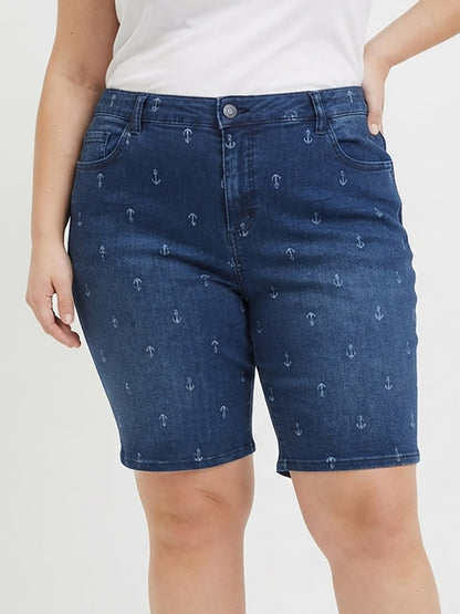 Ladies Oversize Printed Denim Shorts
