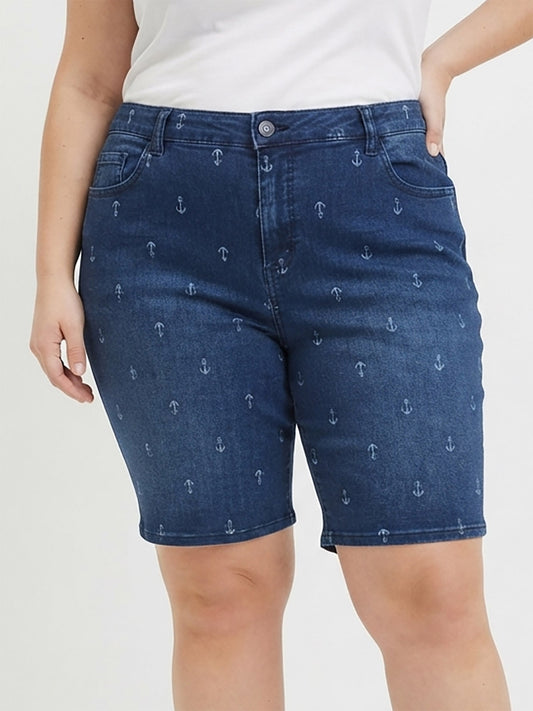 Ladies Oversize Printed Denim Shorts
