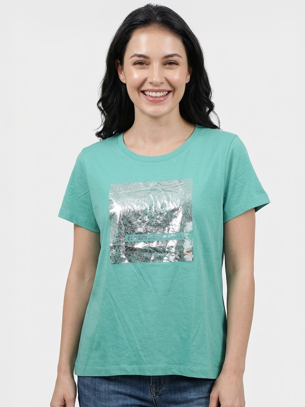 Ladies Foil Printed Top Green