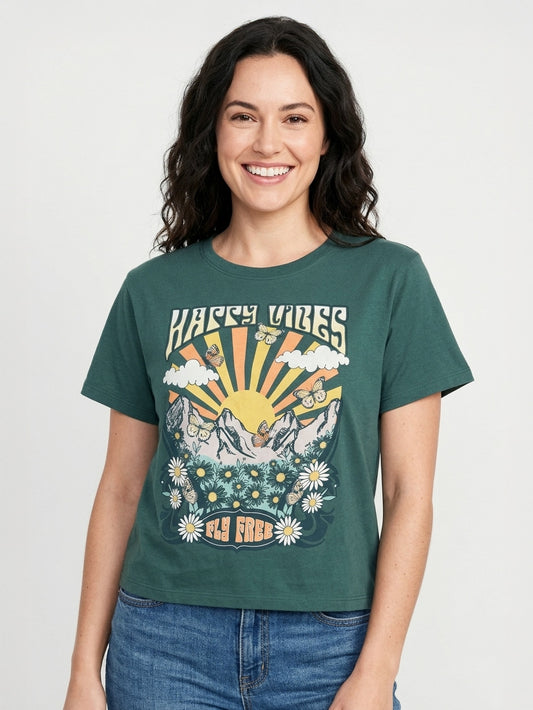 Ladies Printed Crop T Shirt Green