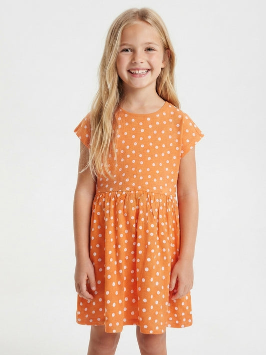 Girls Polka Dot Printed Orange Dress