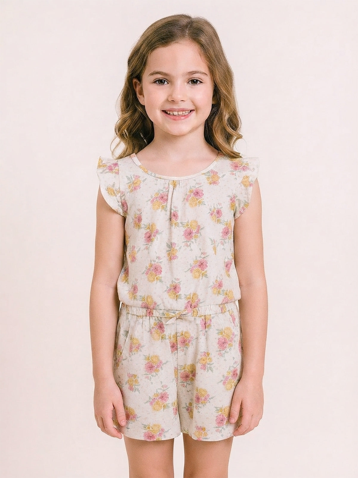 Girls Ecru AOP Dungaree