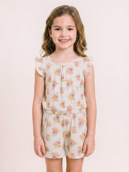 Girls Ecru AOP Dungaree