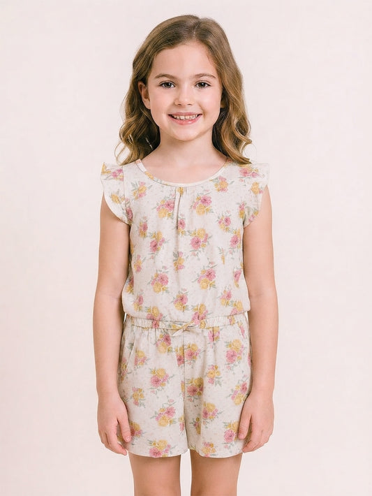 Girls Ecru AOP Dungaree