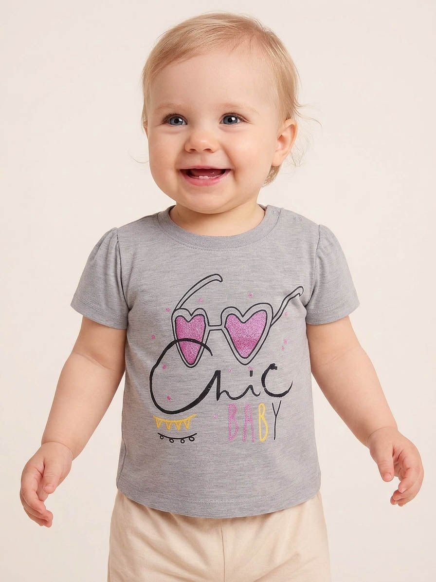 Baby Girls Printed Grey T-Shirt