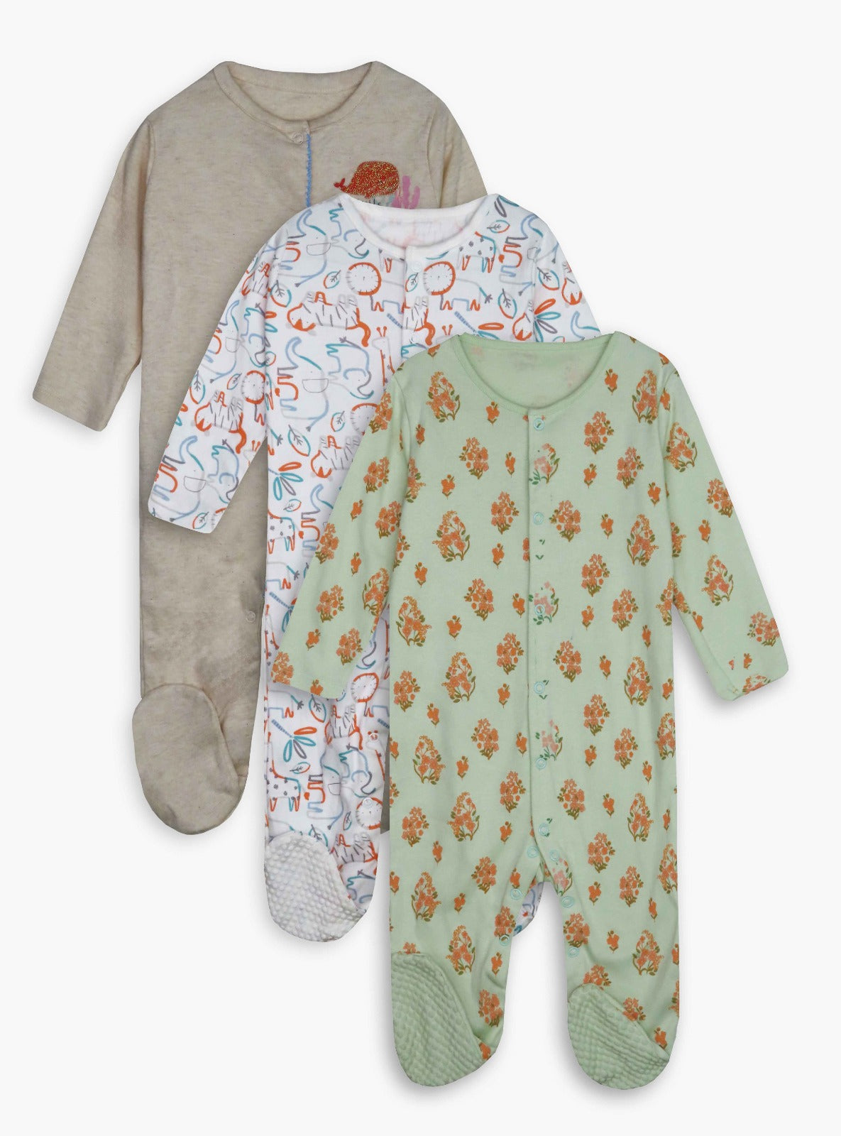 Just Born Baby 3 pack Sleepsuits Assorted