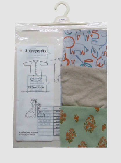 Just Born Baby 3 pack Sleepsuits Assorted