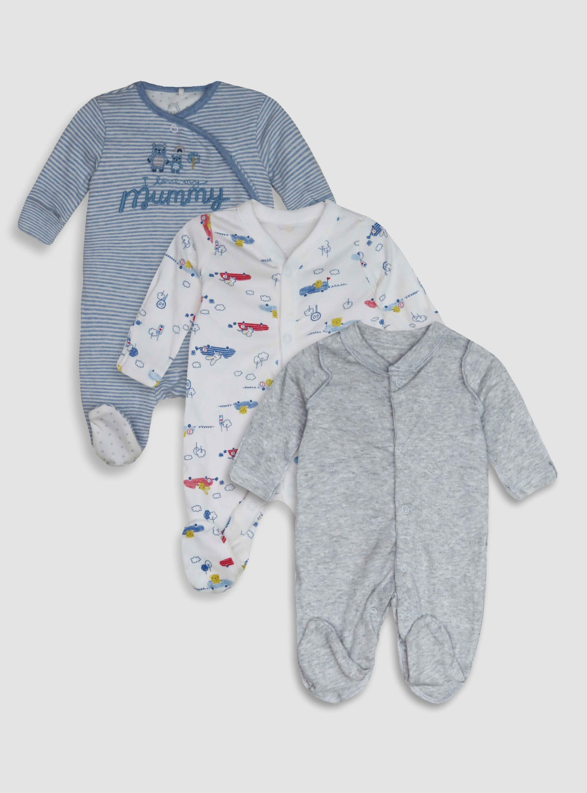 One Month Baby 3 pack Sleepsuits Assorted