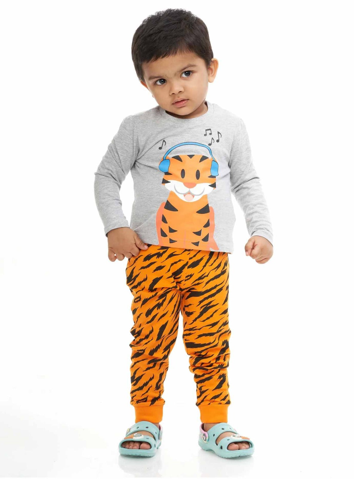 Boys Grey-Orange AOP Pyjama Set