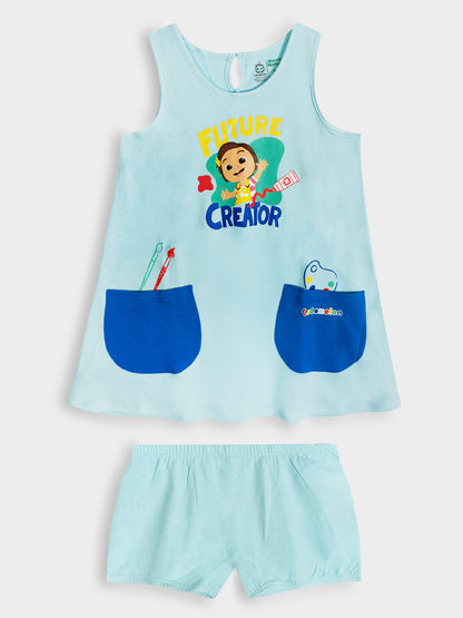 Girls Printed 2 Pc Set Dress n Shorts