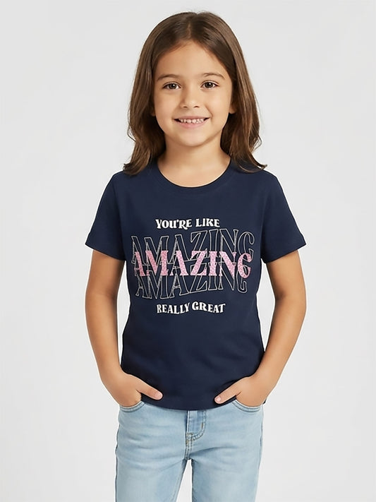 Girls Glitter Printed Navy T-Shirt