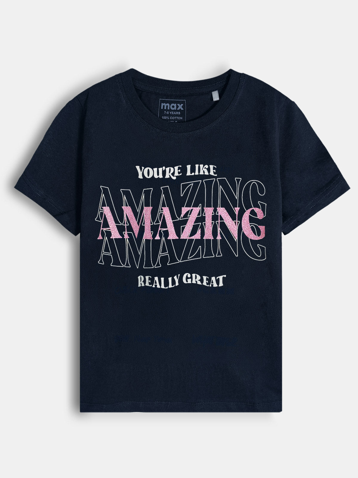 Girls Glitter Printed Navy T-Shirt