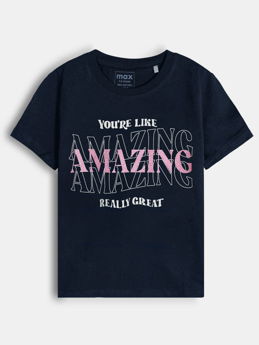 Girls Glitter Printed Navy T-Shirt