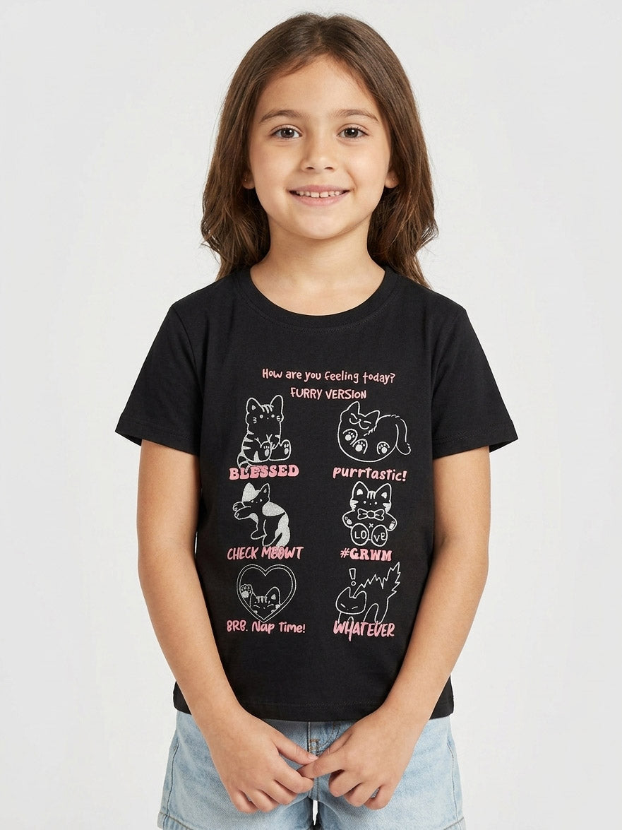 Girls Printed Black T-Shirt