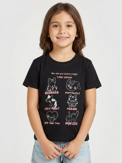 Girls Printed Black T-Shirt