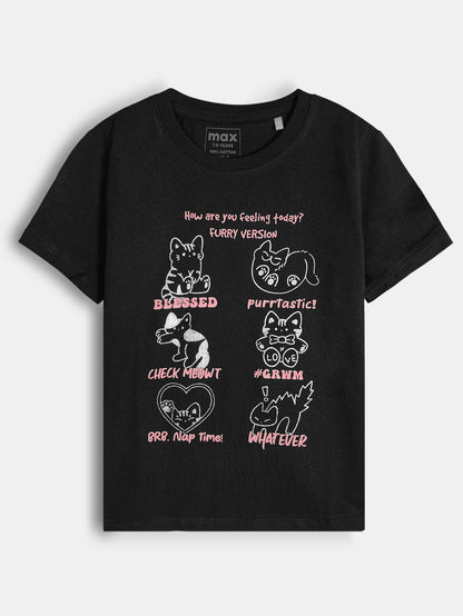 Girls Printed Black T-Shirt